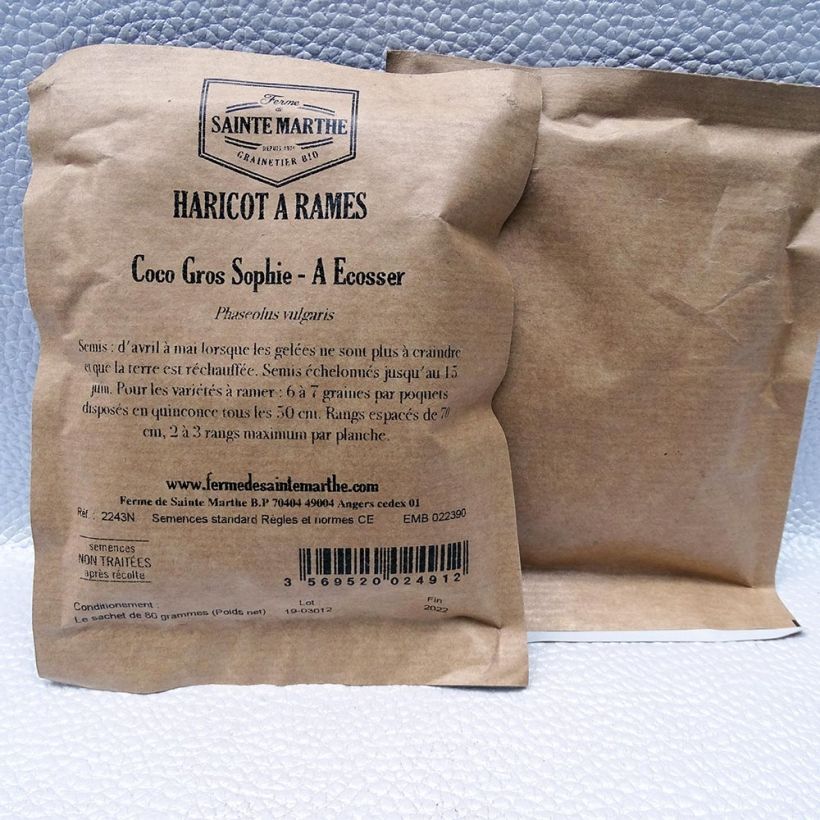 Exemple de spécimen de Haricot à rames à écosser coco Gros Sophie NT - Ferme de Sainte Marthe le sachet de graines de 80 grammes tel que livré