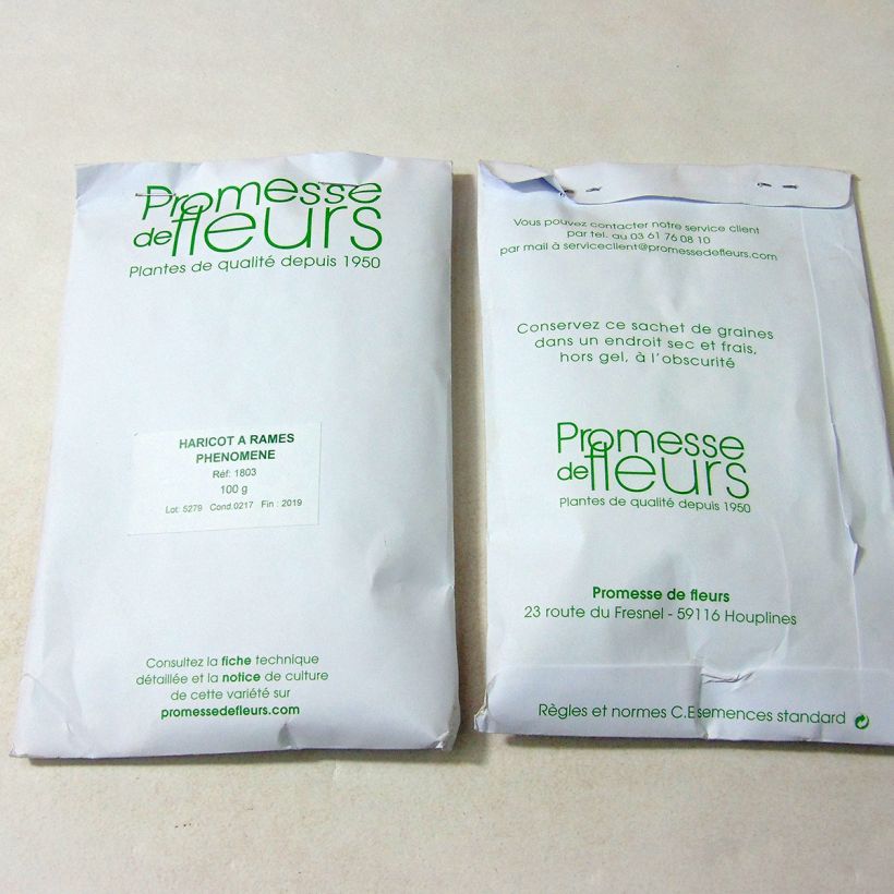 Exemple de spécimen de Haricot à rames mangetout Phénomène le sachet de graines de 100 grammes tel que livré
