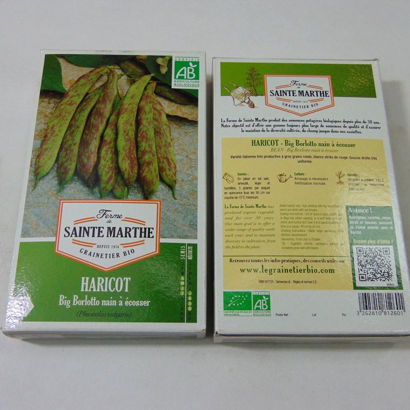 Exemple de spécimen de Haricot nain à écosser Big Borlotto Bio - Ferme de Sainte Marthe  le sachet de graines de 80 grammes tel que livré