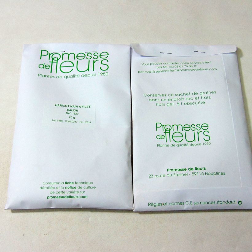 Exemple de spécimen de Haricot nain à filet Galion le sachet de +/- 200 graines (minimum 75g) tel que livré