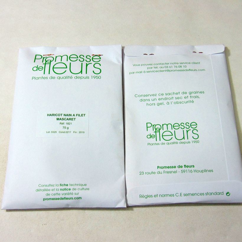 Exemple de spécimen de Haricot nain à filet Mascaret le sachet de 200 graines (75g) tel que livré
