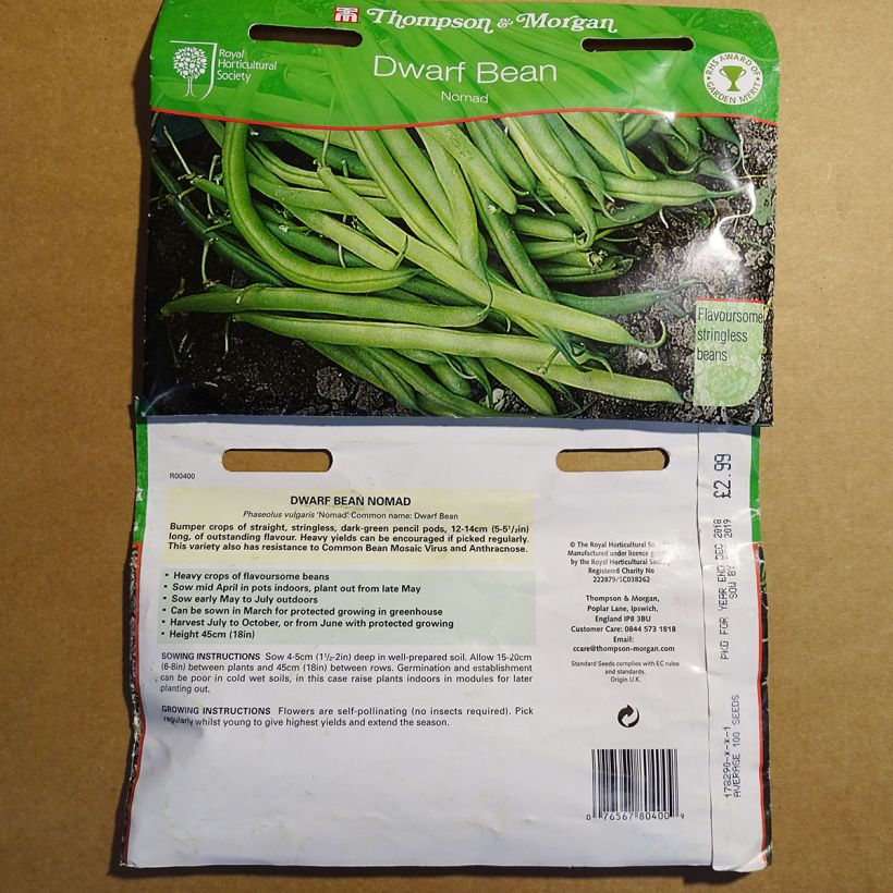 Exemple de spécimen de Haricot nain à filet Nomad le sachet de 125 graines tel que livré