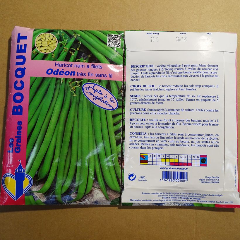 Exemple de spécimen de Haricot nain à filet Odeon le sachet de 140 graines (70g) tel que livré