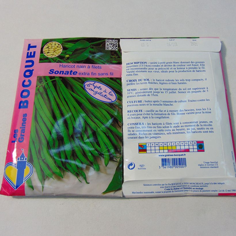 Exemple de spécimen de Haricot nain à filet Sonate extra fin le sachet de 120 graines (60g) tel que livré
