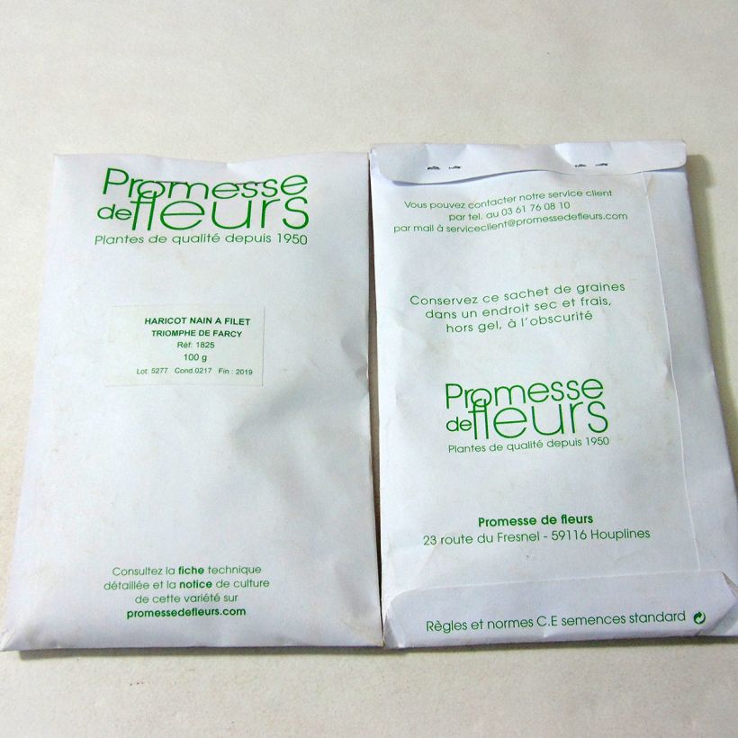 Exemple de spécimen de Haricot nain à filet Triomphe de Farcy le sachet de +/- 250 graines (minimum 100g) tel que livré