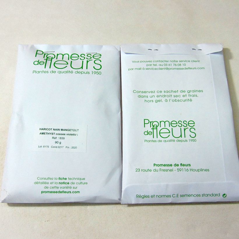 Exemple de spécimen de Haricot nain mangetout Amethyst le sachet de +/- 225 graines (minimum 90g) tel que livré