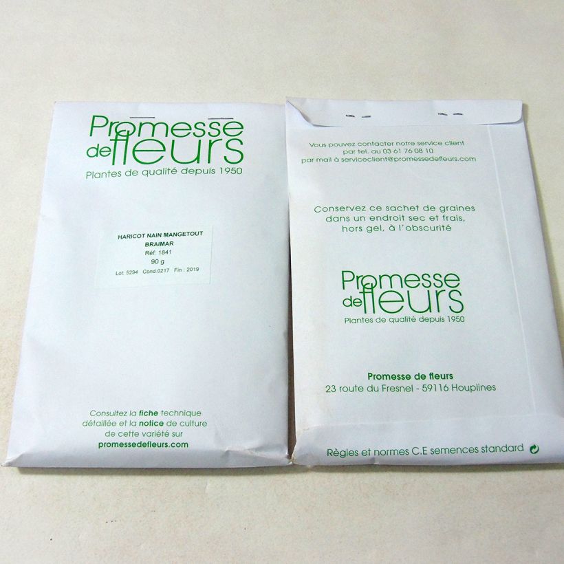 Exemple de spécimen de Haricot nain mangetout Braimar le sachet de +/- 225 graines (minimum 90g) tel que livré