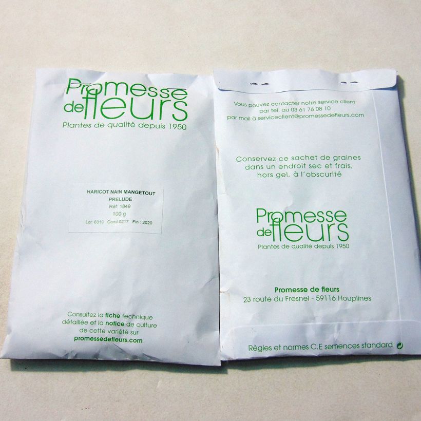 Exemple de spécimen de Haricot nain mangetout Prélude le sachet de +/- 250 graines (minimum 100g) tel que livré