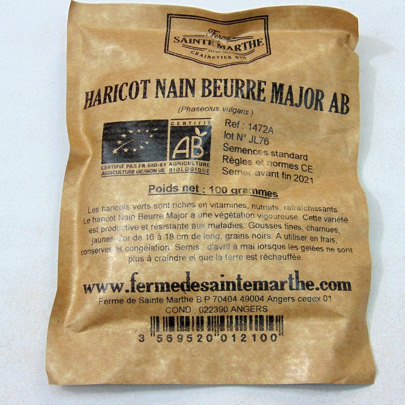 Exemple de spécimen de Haricot nain mangetout beurre Major Bio - Ferme de Sainte Marthe  le sachet de graines de 80 grammes tel que livré
