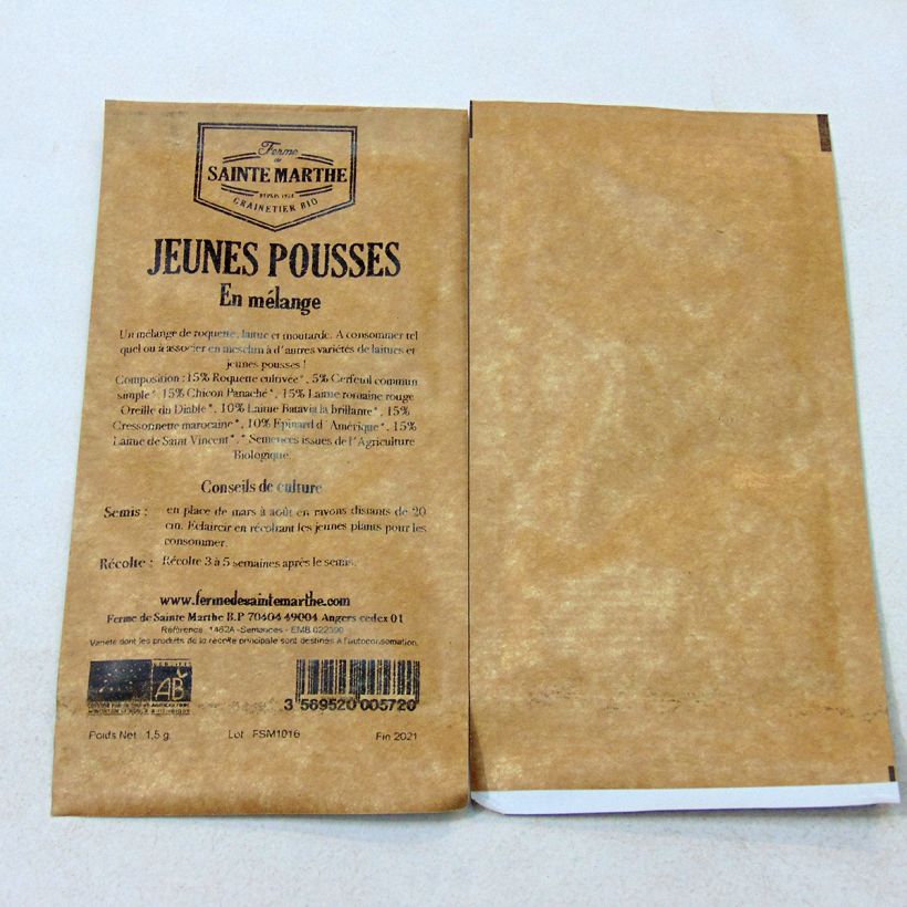Exemple de spécimen de Jeunes pousses en mélange Bio - Ferme de Sainte Marthe le sachet de 500 graines tel que livré