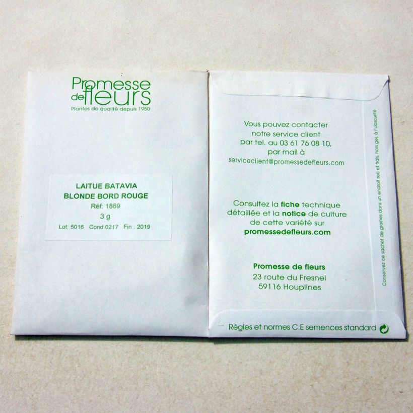 Exemple de spécimen de Laitue Batavia Blonde à bord rouge le sachet de 2500 graines (minimum 3g) tel que livré