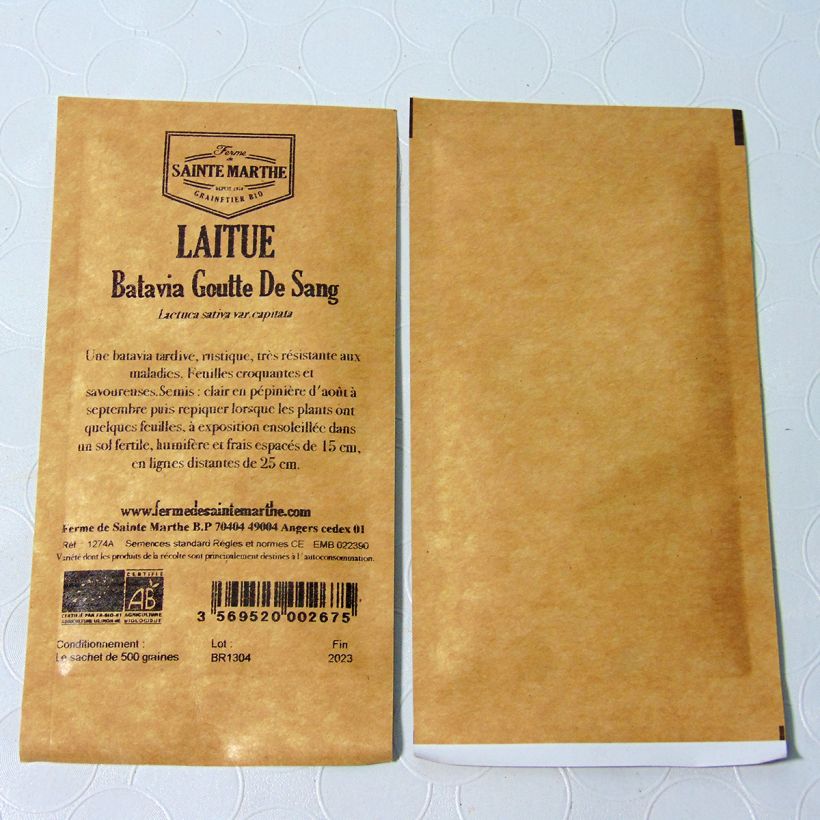 Exemple de spécimen de Laitue Batavia Goutte de Sang Bio - Ferme de Sainte Marthe le sachet de 500 graines tel que livré