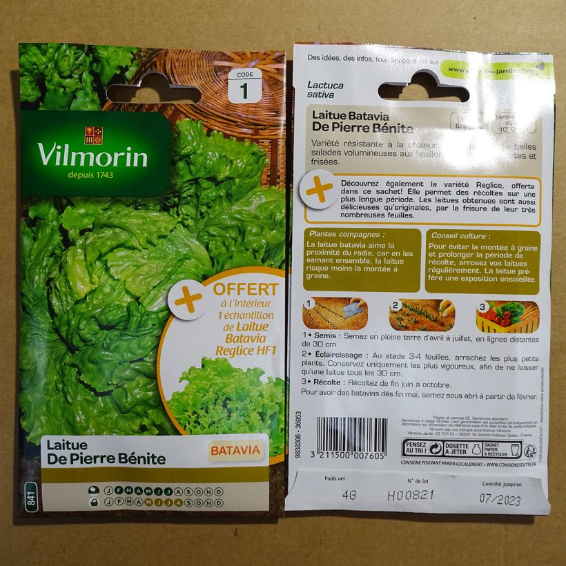 Exemple de spécimen de Laitue Batavia de Pierre Bénite - Vilmorin le sachet de 3200 graines (4g) tel que livré