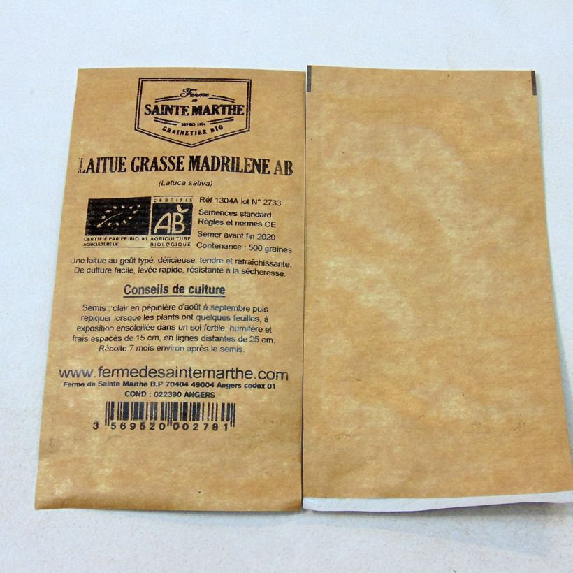 Exemple de spécimen de Laitue Grasse Madrilène Bio - Ferme de Sainte Marthe le sachet de 500 graines tel que livré
