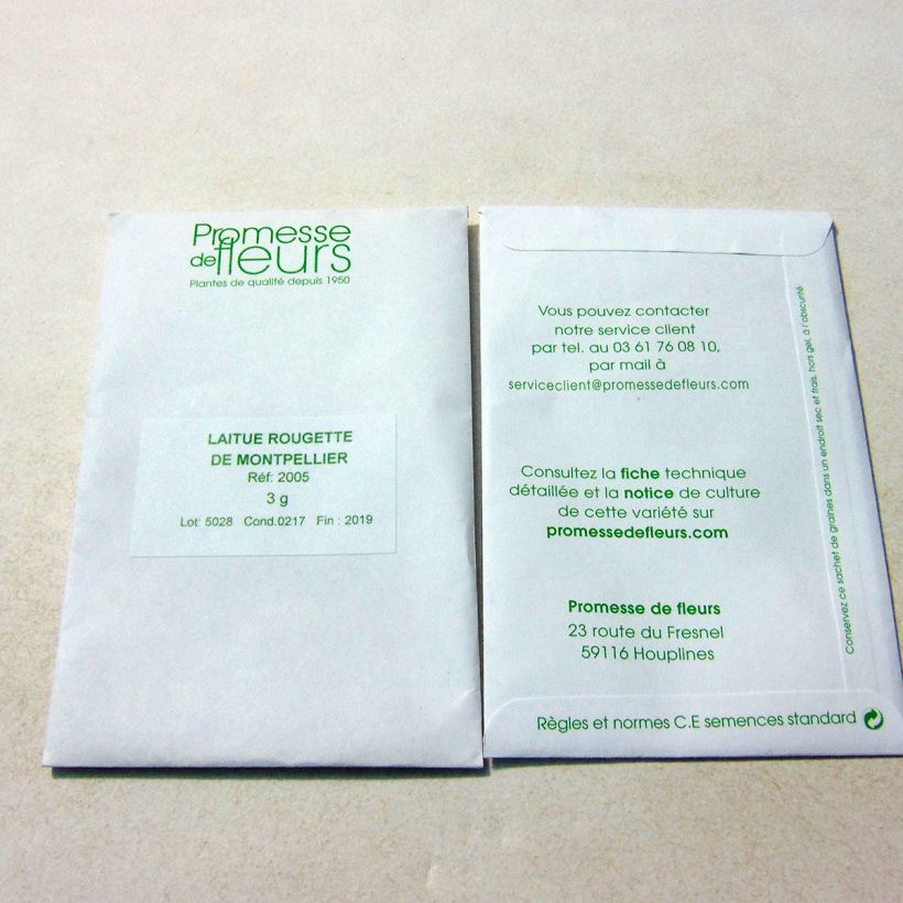 Exemple de spécimen de Laitue Grasse Rougette de Montpellier le sachet de +/- 2500 graines (minimum 3g) tel que livré