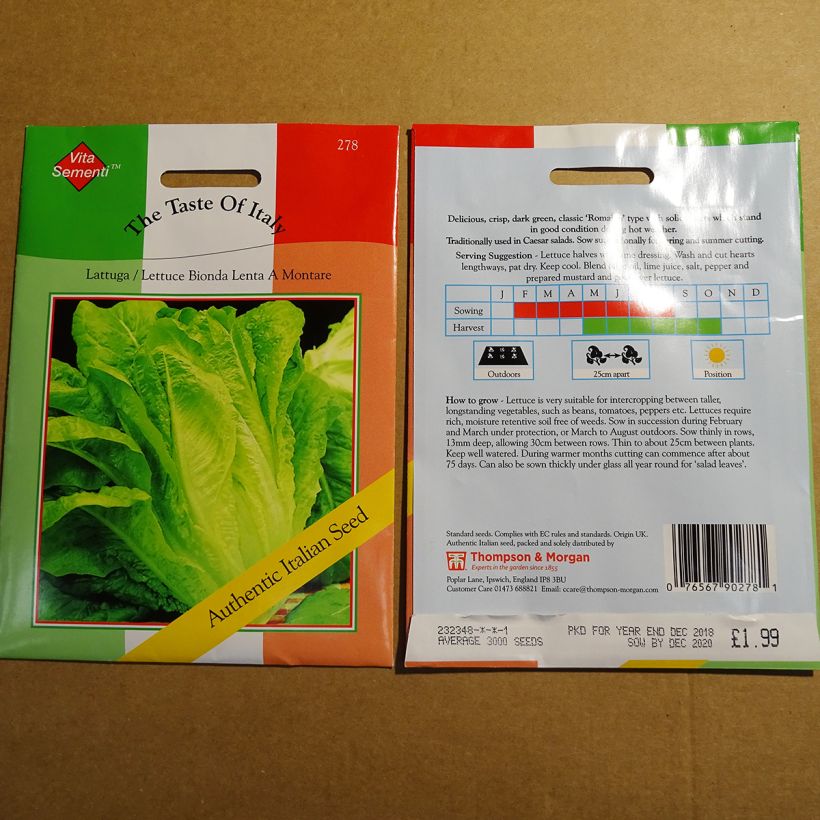 Exemple de spécimen de Laitue Romaine Bionda Lenta a Montare le sachet de 4800 graines tel que livré
