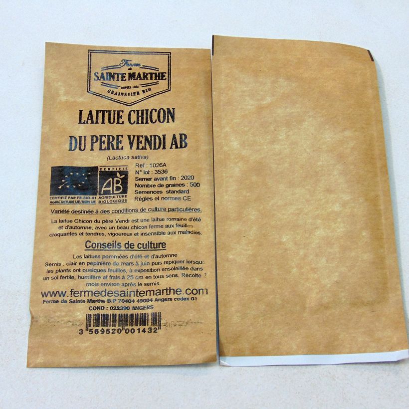 Exemple de spécimen de Laitue Romaine Chicon du Père Vendi Bio - Ferme de Sainte Marthe le sachet de 500 graines tel que livré