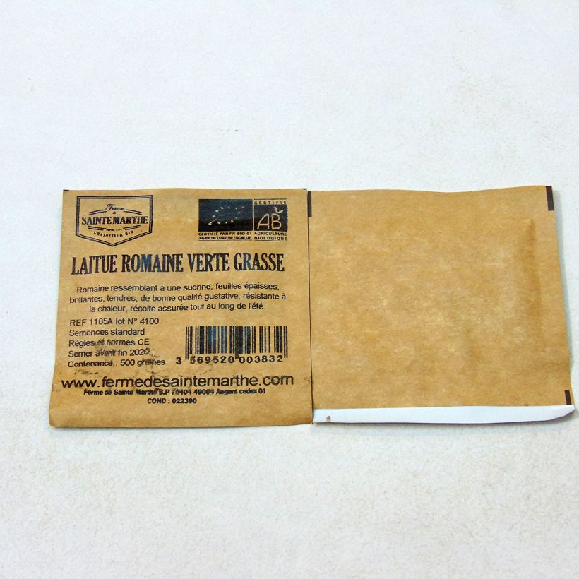 Exemple de spécimen de Laitue Romaine Verte Grasse Bio - Ferme de Sainte Marthe le sachet de 500 graines tel que livré