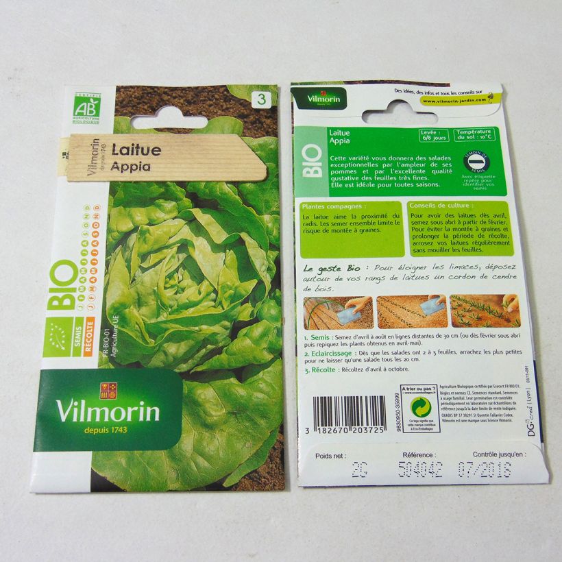 Exemple de spécimen de Laitue pommée Appia Bio - Vilmorin le sachet de 1600 graines (2g) tel que livré
