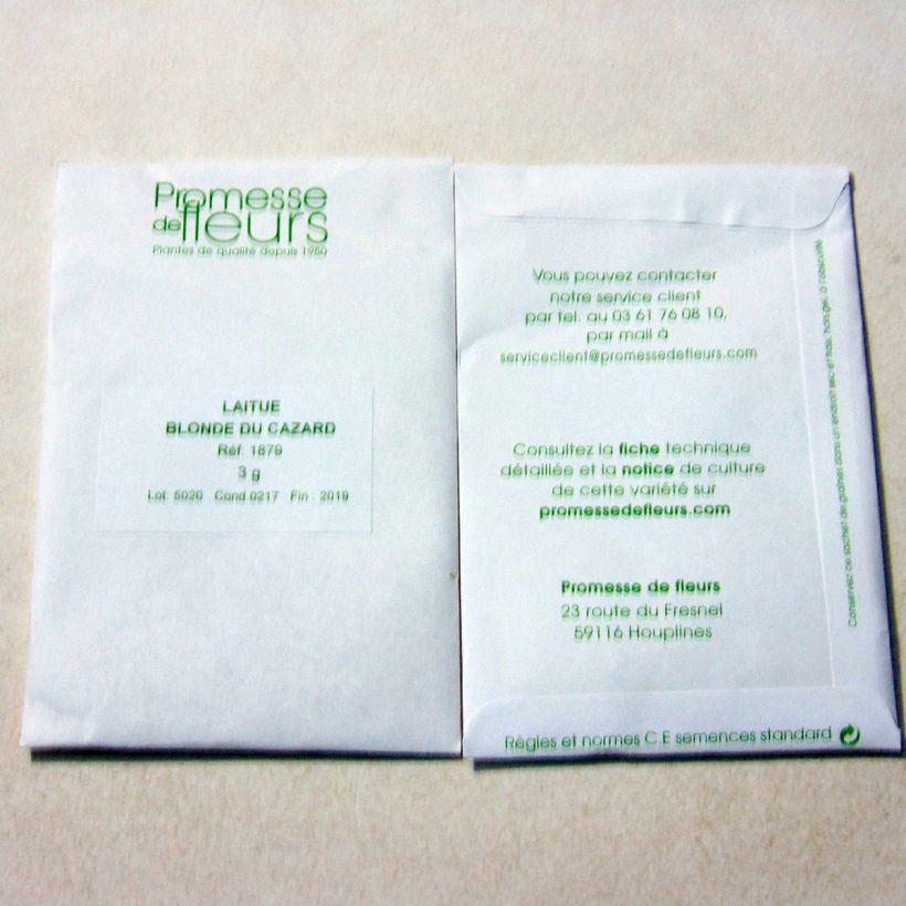 Exemple de spécimen de Laitue pommée Blonde du Cazard le sachet de +/- 2500 graines (minimum 3g) tel que livré