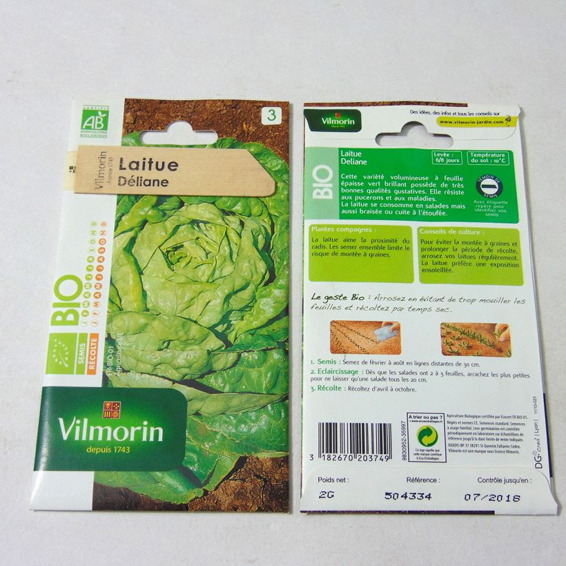 Exemple de spécimen de Laitue pommée Deliane Bio - Vilmorin le sachet de 1600 graines (2g) tel que livré