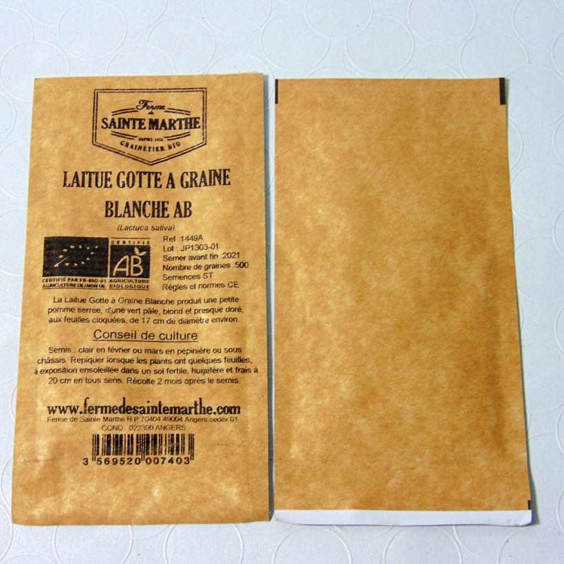 Exemple de spécimen de Laitue pommée Gotte à Graine Blanche Bio - Ferme de Sainte Marthe le sachet de 500 graines tel que livré