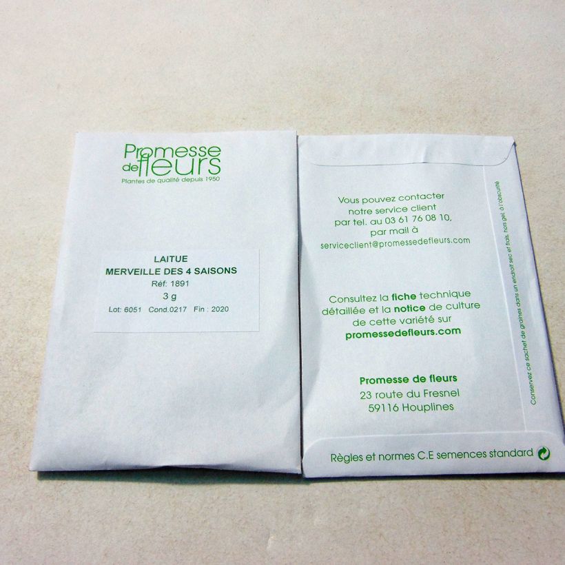 Exemple de spécimen de Laitue pommée Merveille des 4 saisons le sachet de +/- 2500 graines (minimum 3g) tel que livré