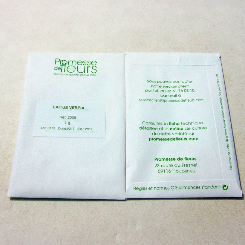 Exemple de spécimen de Laitue pommée Verpia le sachet de +/- 800 graines (minimum 1g) tel que livré