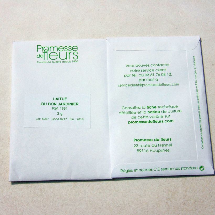 Exemple de spécimen de Laitue pommée du Bon Jardinier le sachet de +/- 2500 graines (minimum 3g) tel que livré