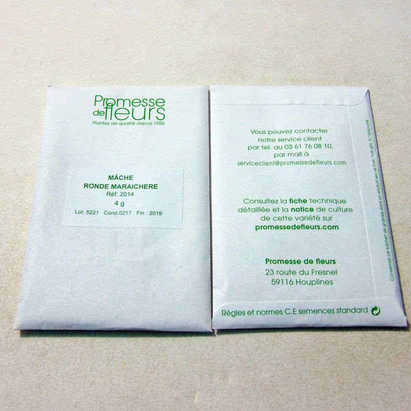 Exemple de spécimen de Mâche Ronde Maraîchère le sachet de +/- 3000 graines (minimum 4g) tel que livré