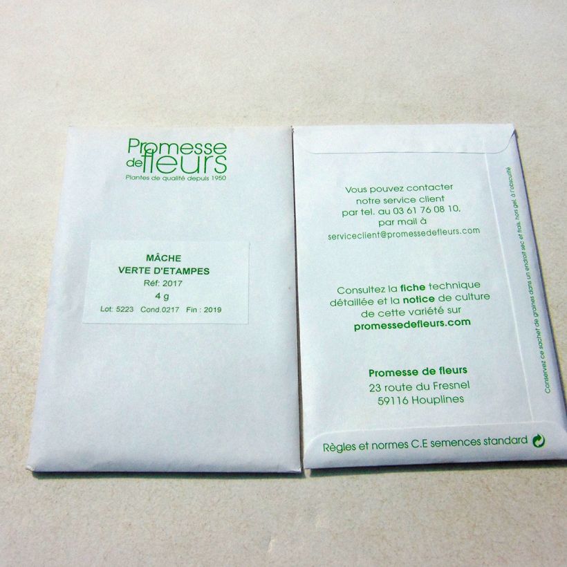Exemple de spécimen de Mâche Verte d'Etampes le sachet de +/- 3000 graines (minimum 4g) tel que livré