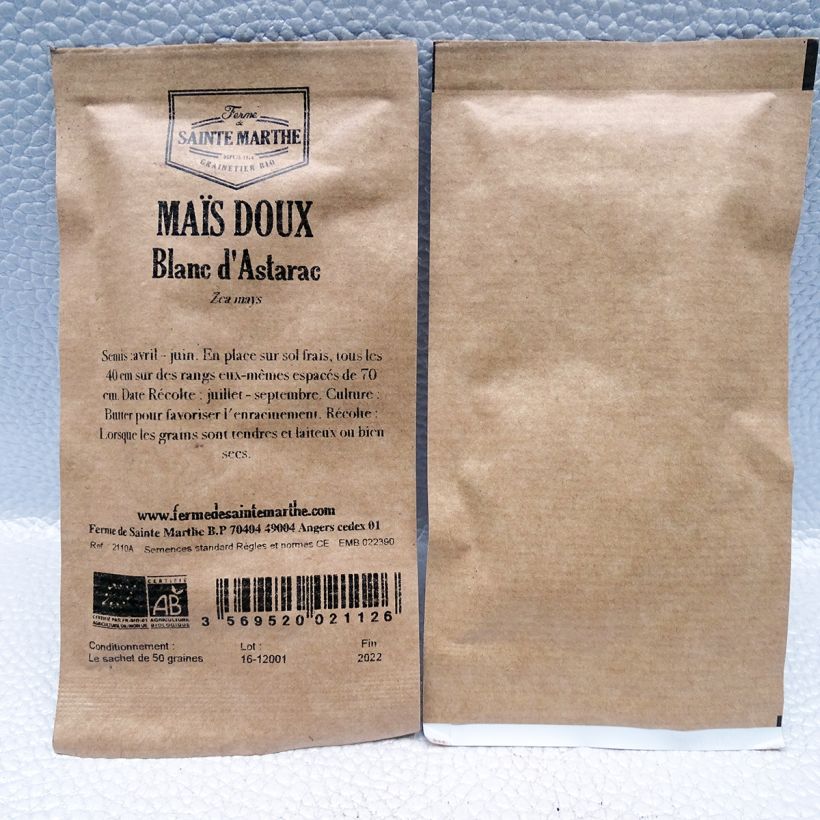 Exemple de spécimen de Maïs doux blanc d'Astarac Bio - Ferme de Sainte Marthe le sachet de 50 graines tel que livré