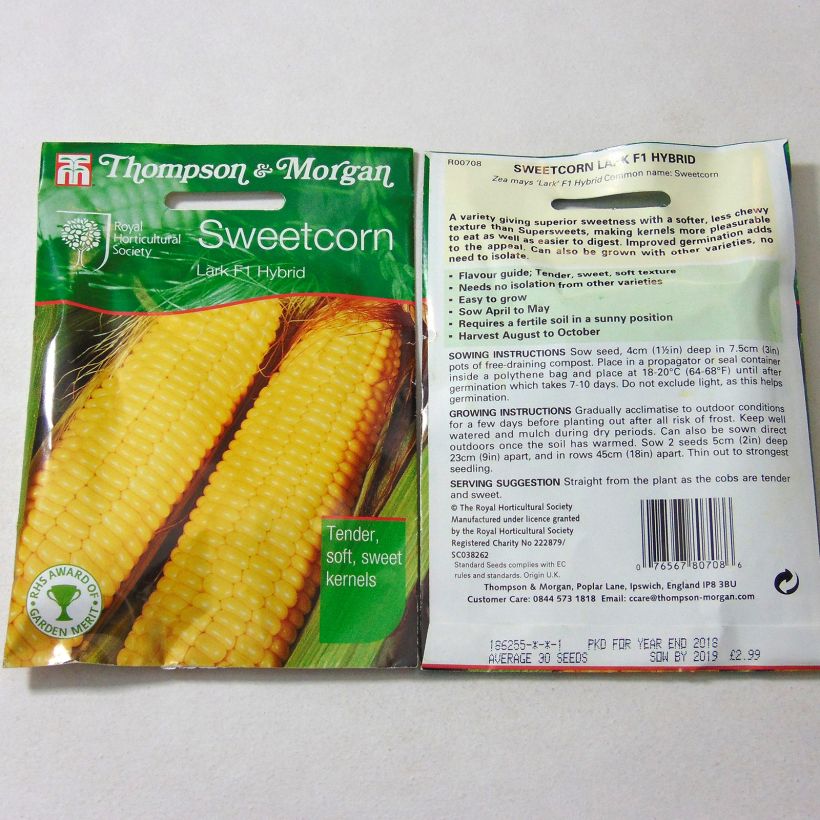 Exemple de spécimen de Maïs doux sucré Lark F1  - Zea mays le sachet de 30 graines tel que livré