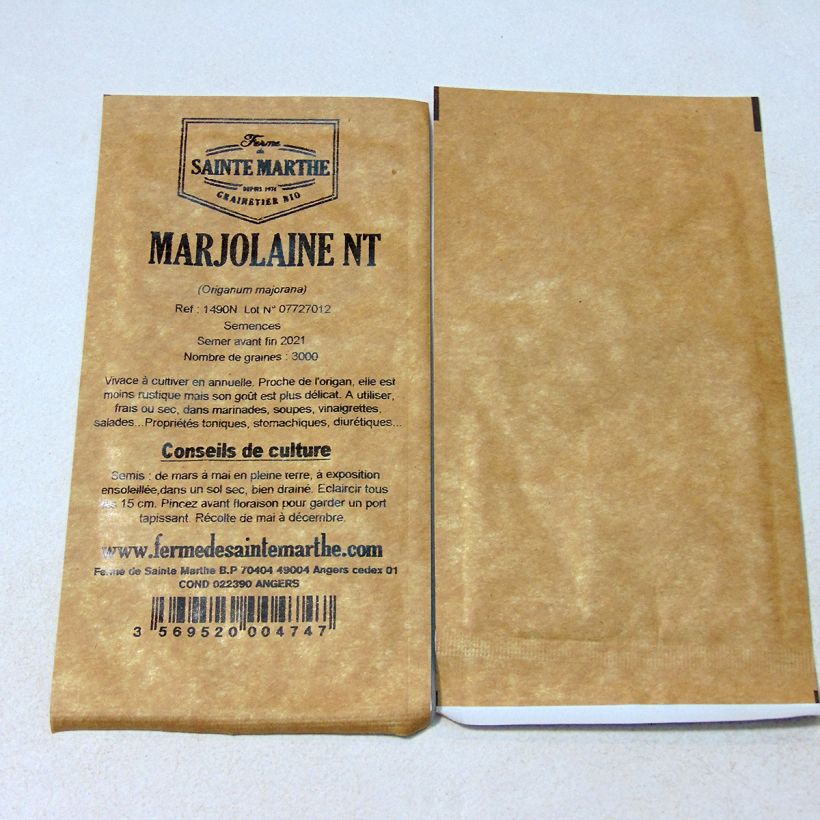 Exemple de spécimen de Marjolaine annuelle NT - Ferme de Sainte Marthe le sachet de 3000 graines tel que livré