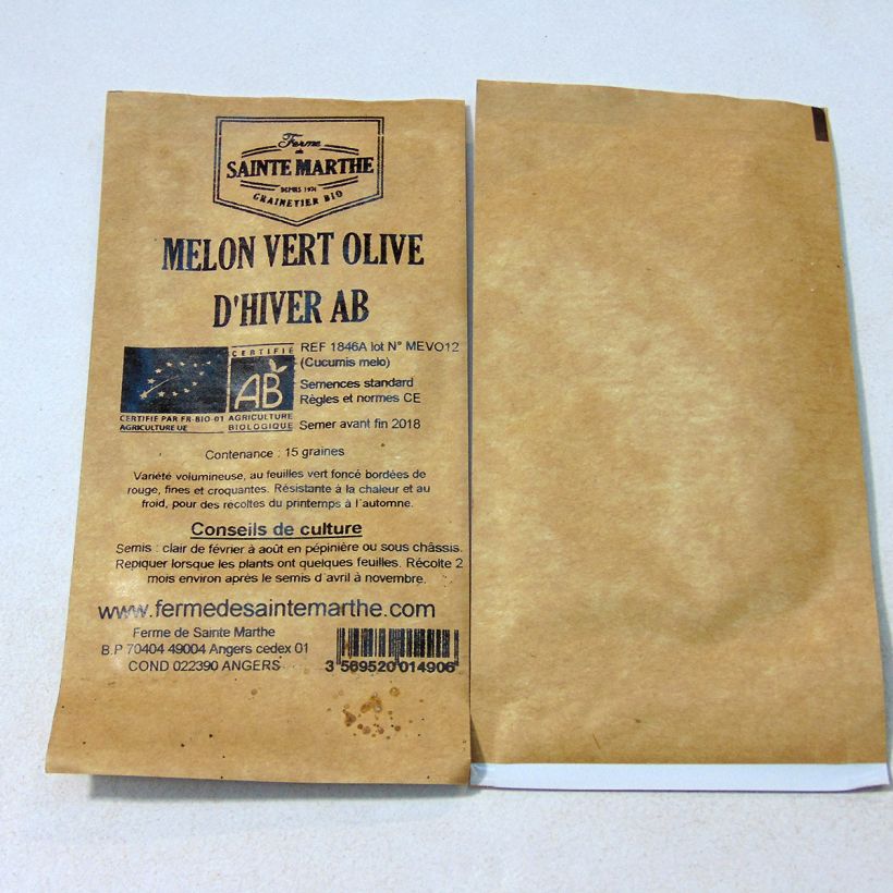 Exemple de spécimen de Melon Vert Olive d'Hiver Bio - Ferme de Sainte Marthe le sachet de 15 graines tel que livré