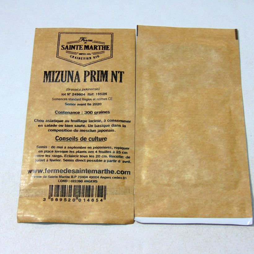 Exemple de spécimen de Mizuna Prim NT - Ferme de Sainte Marthe le sachet de 300 graines tel que livré