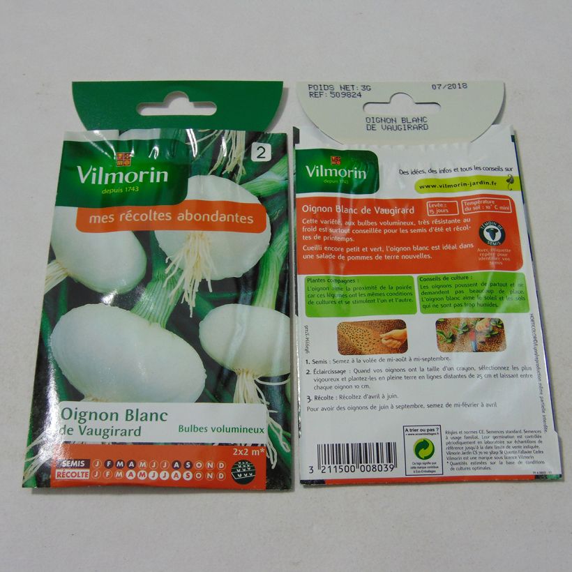 Exemple de spécimen de Oignon Blanc très hâtif de Vaugirard - Vilmorin le sachet de 750 graines (3g) tel que livré