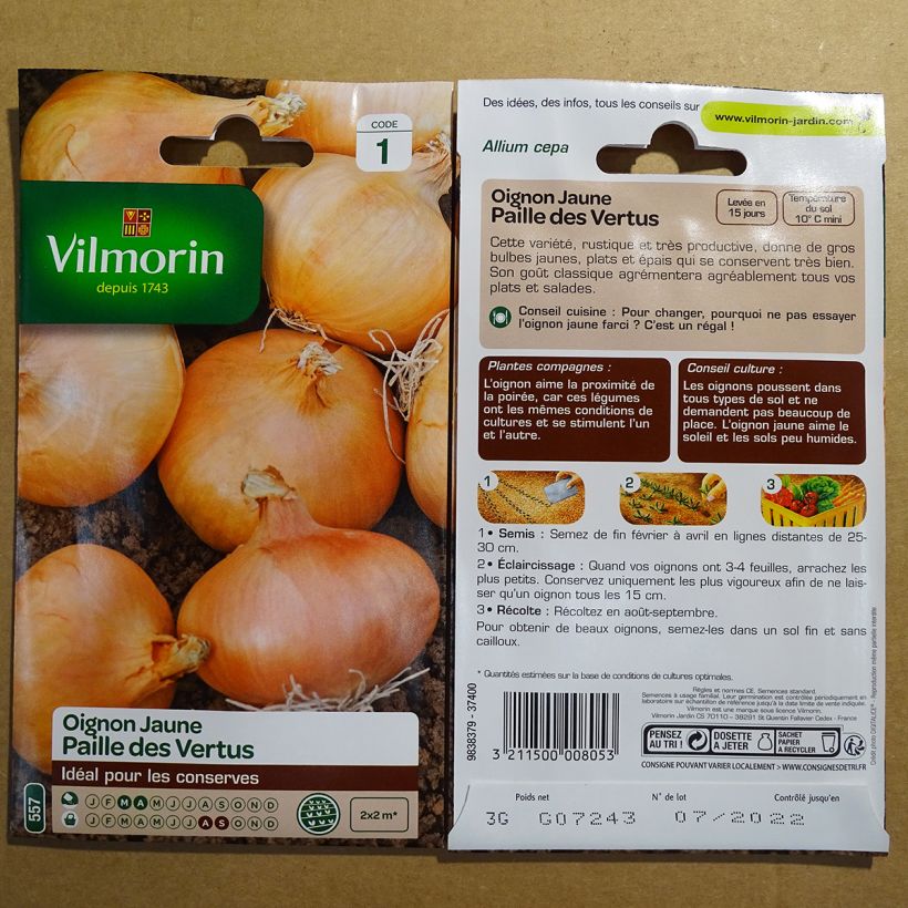 Exemple de spécimen de Oignon jaune Paille des Vertus - Vilmorin le sachet de 750 graines (3g) tel que livré