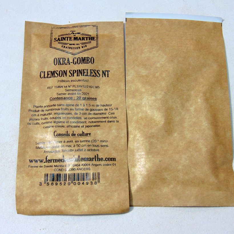 Exemple de spécimen de Okra Gombo Clemson Spineless NT - Ferme de Sainte Marthe le sachet de 20 graines (1g) tel que livré