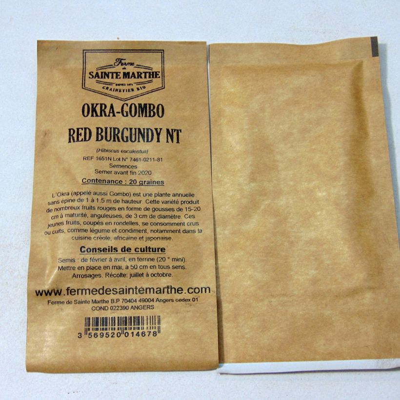 Exemple de spécimen de Okra Gombo Red Burgundy NT - Ferme de Sainte Marthe le sachet de 20 graines (1g) tel que livré