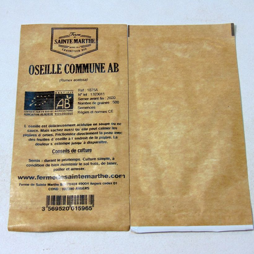 Exemple de spécimen de Oseille commune Bio - Ferme de Sainte Marthe le sachet de 500 graines tel que livré