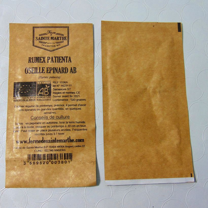 Exemple de spécimen de Oseille-épinard Bio - Patience - Ferme de Sainte Marthe le sachet de 500 graines (1g) tel que livré