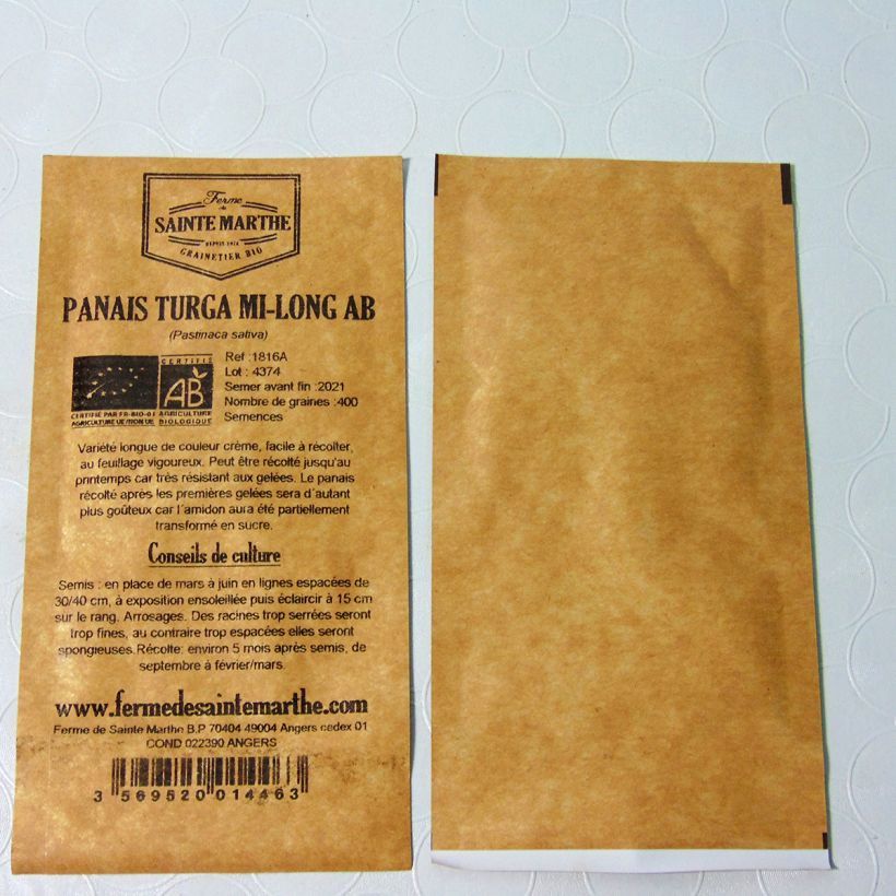 Exemple de spécimen de Panais Turga mi-long Bio - Ferme de Sainte Marthe le sachet de 400 graines (2g) tel que livré