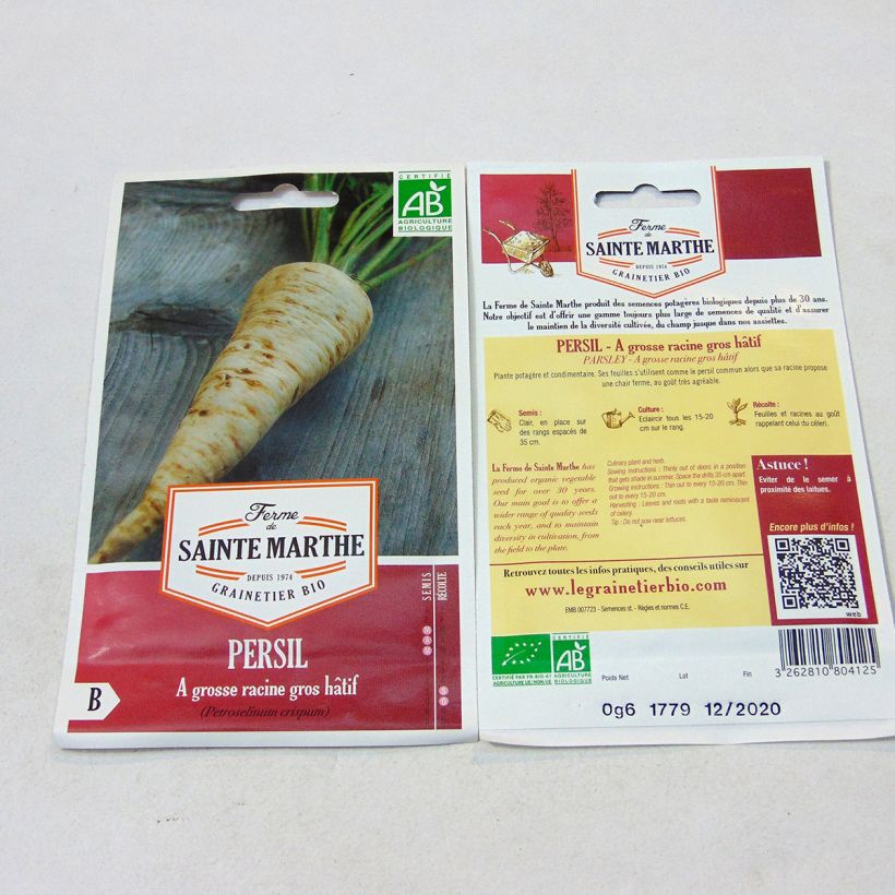 Exemple de spécimen de Persil tubéreux Gros Hâtif Bio - Ferme de Sainte Marthe le sachet de 450 graines (0.6g) tel que livré