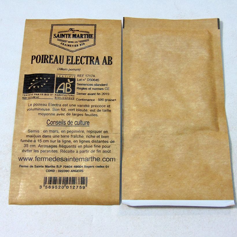 Exemple de spécimen de Poireau Electra Bio - Ferme de Sainte Marthe le sachet de 500 graines (1g) tel que livré