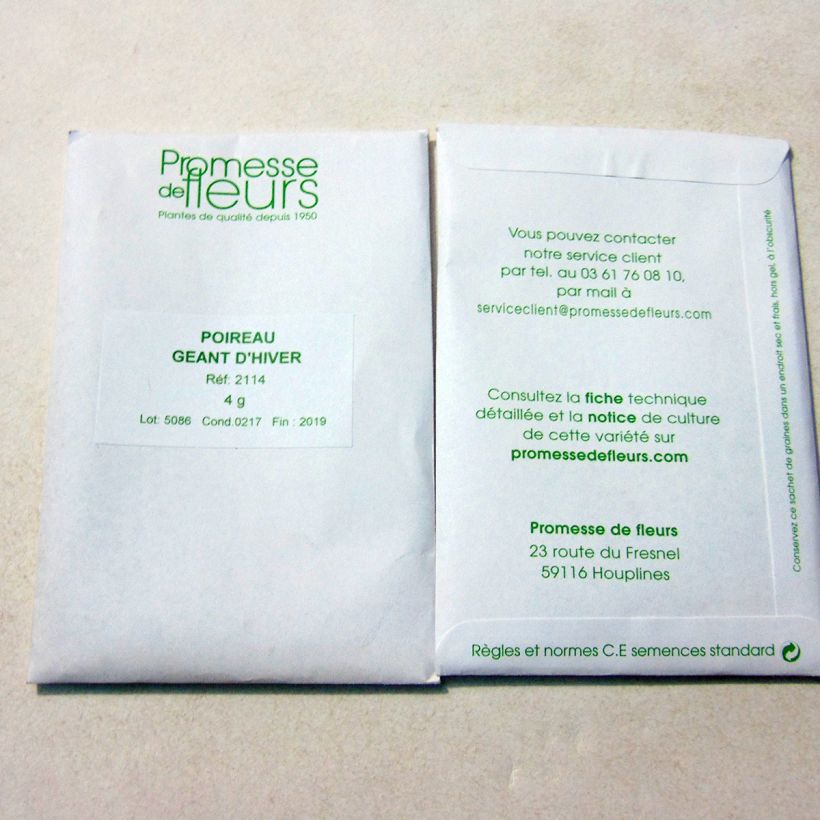 Exemple de spécimen de Poireau Géant d'hiver - Allium porrum le sachet de +/- 1000 graines (minimum 4g) tel que livré