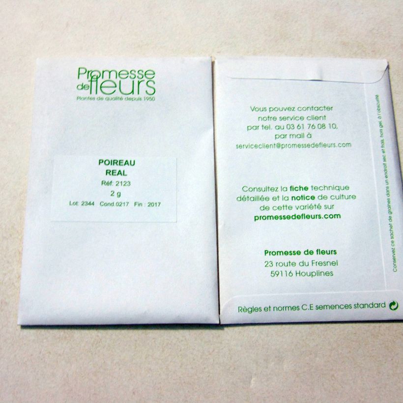 Exemple de spécimen de Poireau Réal le sachet de 500 graines (2g) tel que livré