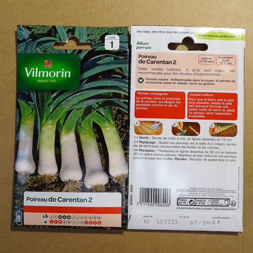 Exemple de spécimen de Poireau de Carentan 2 - Vilmorin le sachet de 1000 graines (4g) tel que livré
