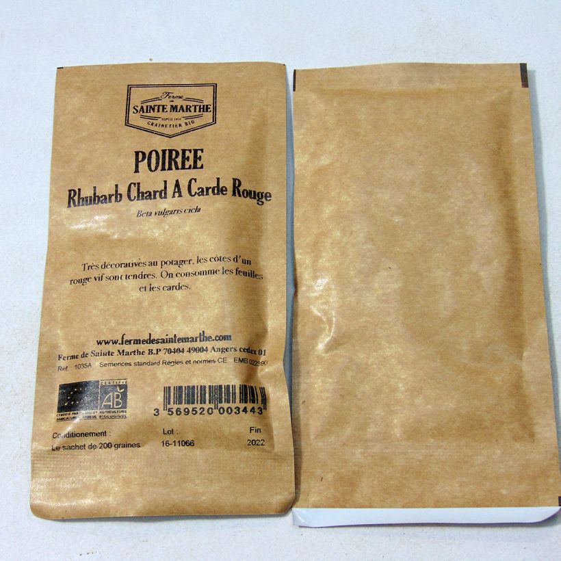 Exemple de spécimen de Poirée Rhubarb Chard à carde rouge Bio - Ferme de Sainte Marthe le sachet de 100 graines (4g) tel que livré