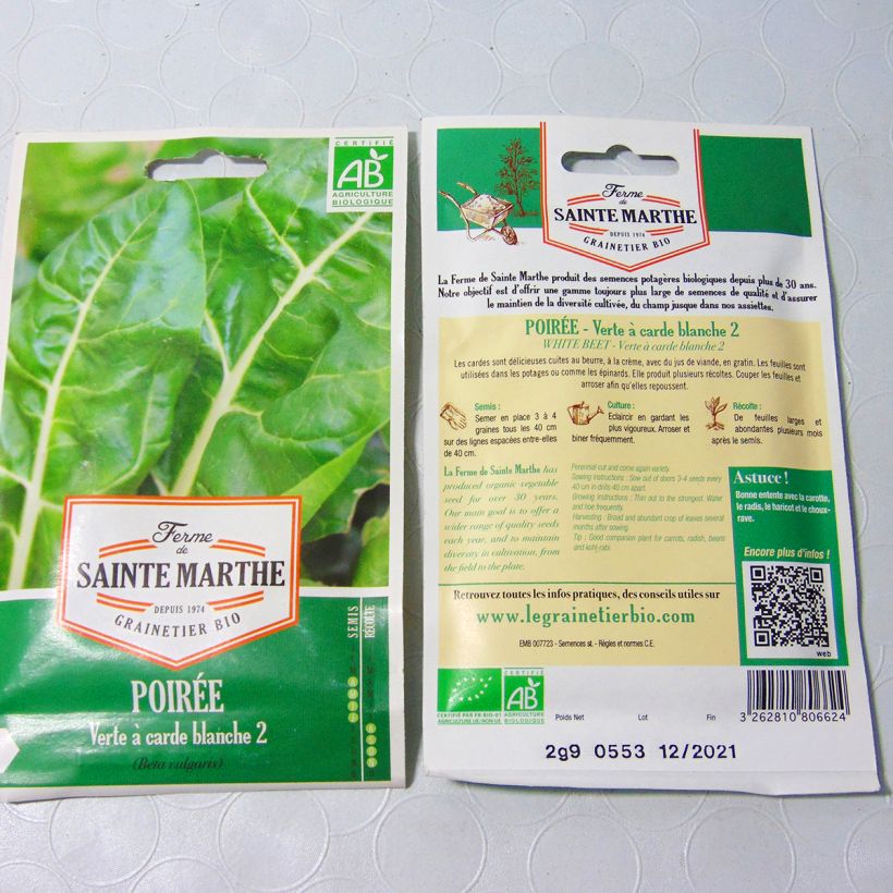 Exemple de spécimen de Poirée Verte à Carde blanche 2 Bio - Ferme de Sainte Marthe le sachet de 150 graines (2.9g) tel que livré